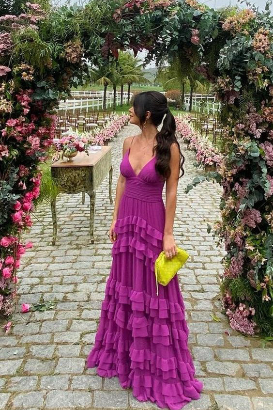 Lila Spaghettiträger A-Linie Lagen Langes formelles Partykleid, DP3537