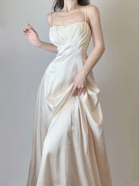 Robe de soirée longue élégante ivoire à bretelles spaghetti, coupe trapèze, style vintage, DP5365