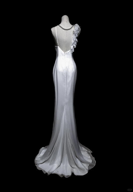 Elegant White Straps Mermaid Chiffon Long Evening Dress Party Dresses, DP5163