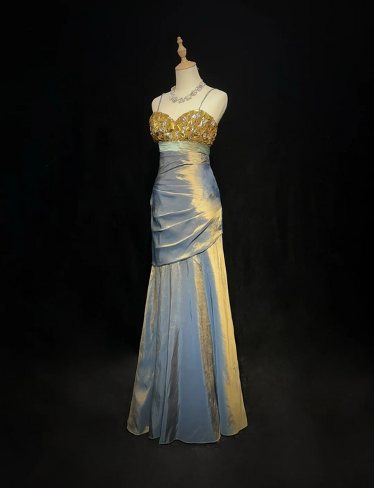 Robe de soirée longue style sirène à bretelles et perles, style vintage, DP4882