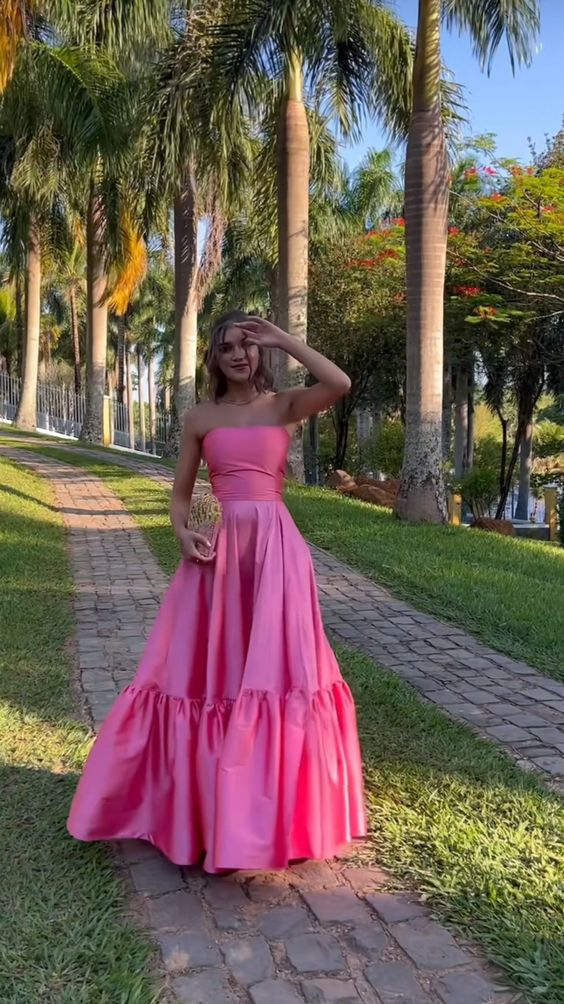 Lovely Pink A-Line Strapless Long Party Dress Birthday Outfits, DP3175
