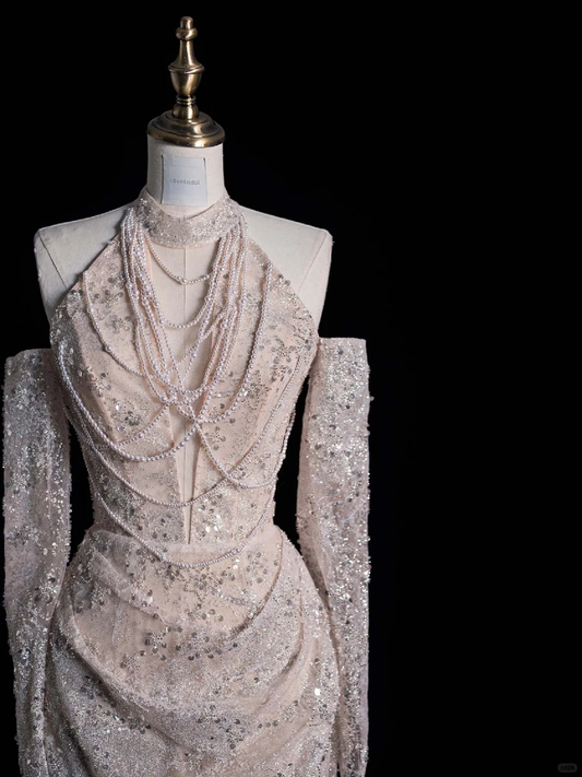 Light Champagne Halter Mermaid Sequins Long Evening Gown Birthday Outfits, DP5457