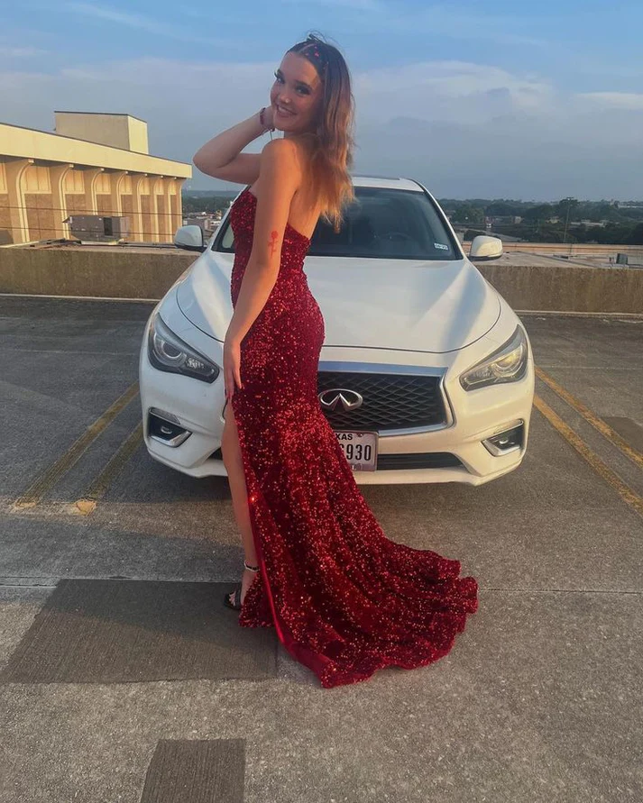Robe de bal longue rouge à paillettes, style sirène, bustier et paillettes, DP3170