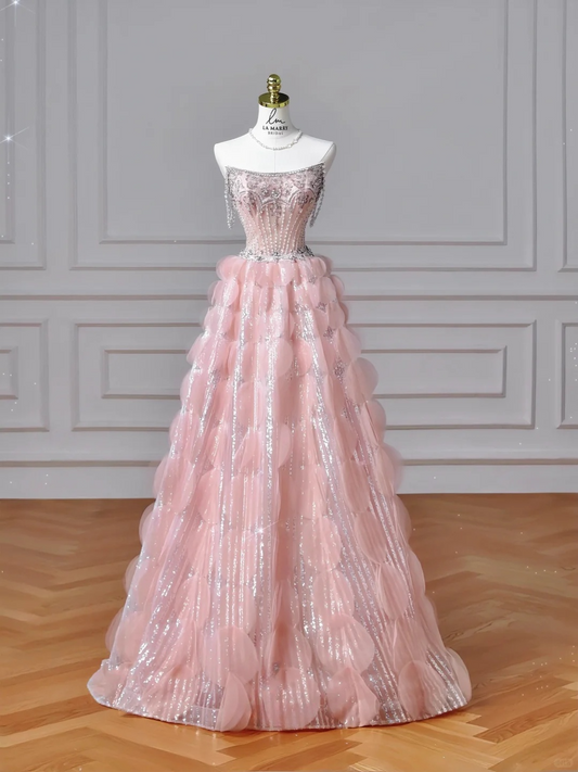 Lovely Pink A-Line Sequins Beading Long Evening Party Dress Birthday Outfits, DP5170