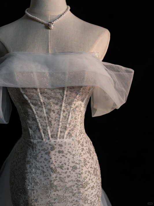 Superbe robe de soirée longue blanche à épaules dénudées et paillettes style sirène, DP5222