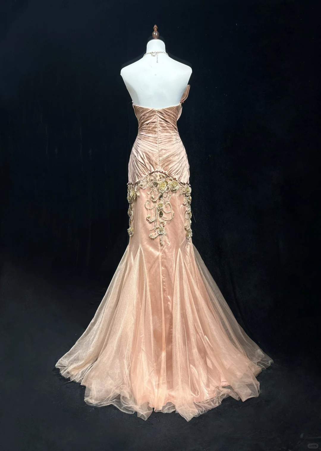 Robe de soirée longue style sirène rose nude, sans bretelles, ornée de perles, style vintage, DP5324