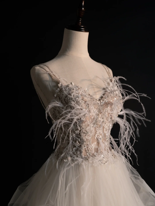 Elegantes A-Linien-Brautkleid mit Perlenbesatz und Rüschen, langes Ballkleid, DP5212