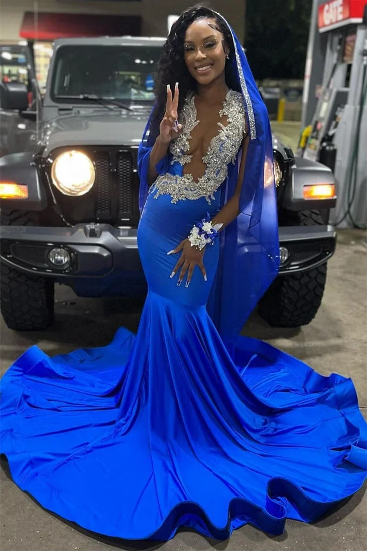Königsblaues Meerjungfrau-Abendkleid mit V-Ausschnitt und Perlenbesatz, DP2652