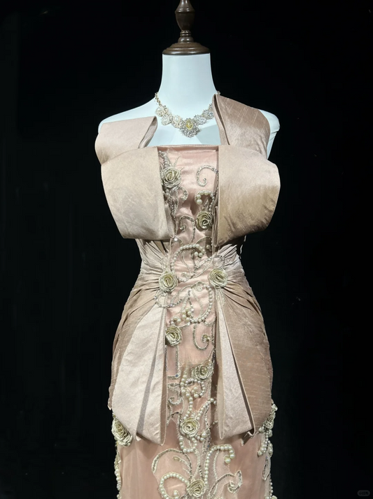 Nude Pink Trägerloses Meerjungfrauen-Kleid mit Perlenbesatz im Vintage-Stil, langes Partykleid, Abendkleid, DP5324