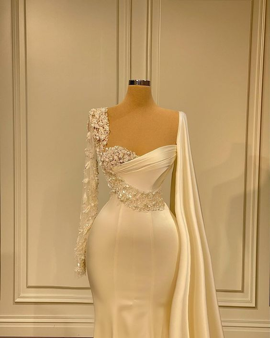 Gorgeous Long Sleeves Appliques Beading Satin Mermaid Long Evening Dress,DS4966