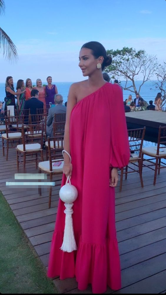 Robe de soirée longue rose vif asymétrique, coupe trapèze, DP3460