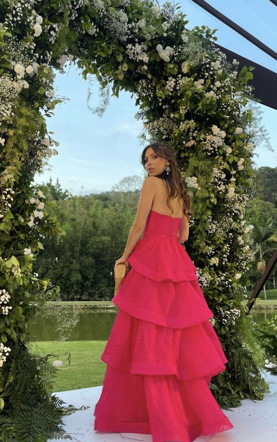 Robe de soirée longue rose vif, coupe trapèze, décolleté en cœur, DP3359