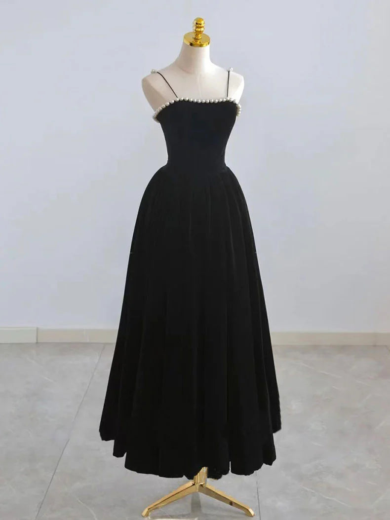 Robe de soirée trapèze en velours bordeaux rétro à bretelles spaghetti et perles DP6077