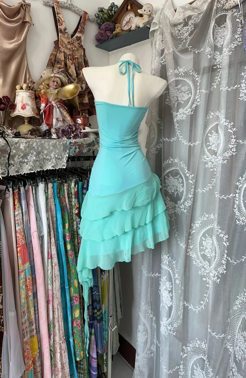Robe de soirée trapèze en mousseline de soie bleu rétro à volants et décolleté en cœur DP6089