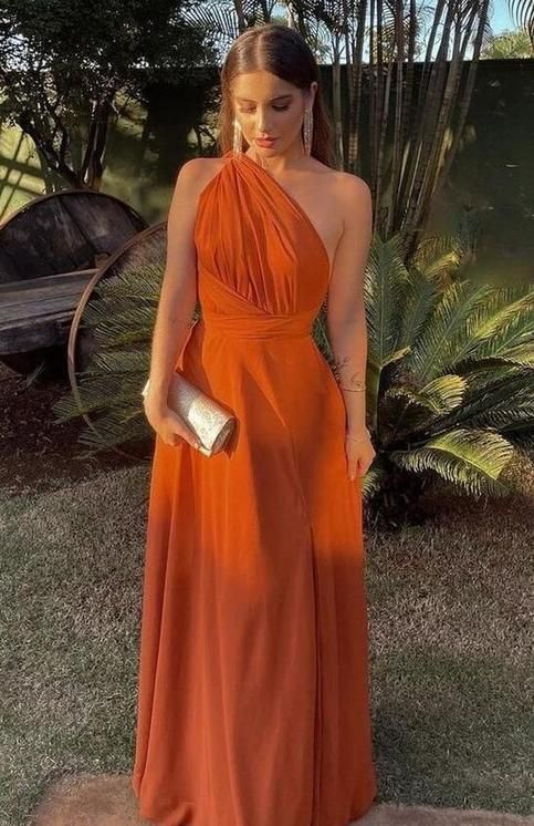 Robe de soirée longue orange asymétrique, coupe trapèze, DP3389