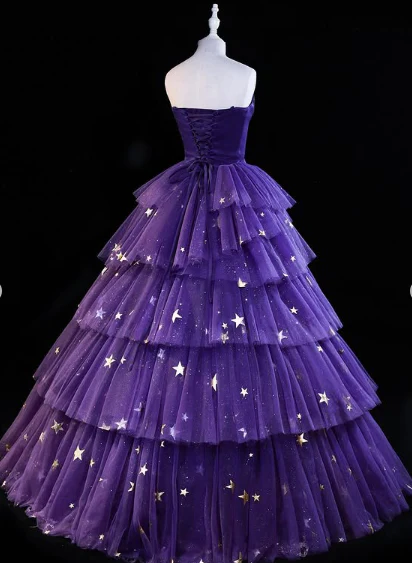 Stunning Purple Star Tulle Lace Evening Ball Gown Birthday Outfits, DP3425