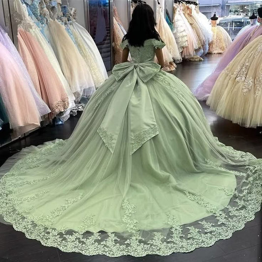 Glamouröses hellgrünes schulterfreies Tüll-Ballkleid mit floralen Applikationen für Quinceañeras DP7151