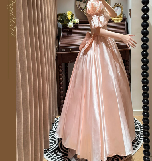 Vintage Pink Satin Puffed Sleeves Intricate Bodice Fairytale Evening Gown DP7263