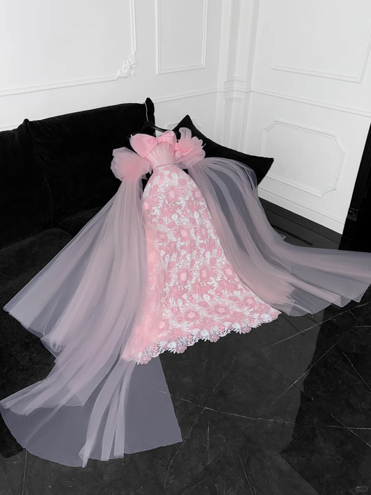 Vintage Pink Applique Bow Design A-Line Prom Dress Evening Dress DP6223