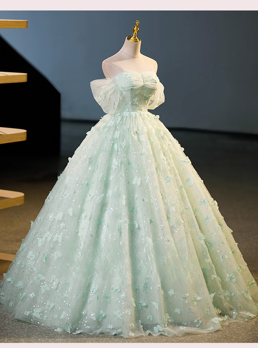 Vintage Light Green Tulle Sweet 16 Quinceanera Sweetheart Off-the-shoulder 3D Flowers Evening Dress A-Line Floor Length Ball Gown DP6911