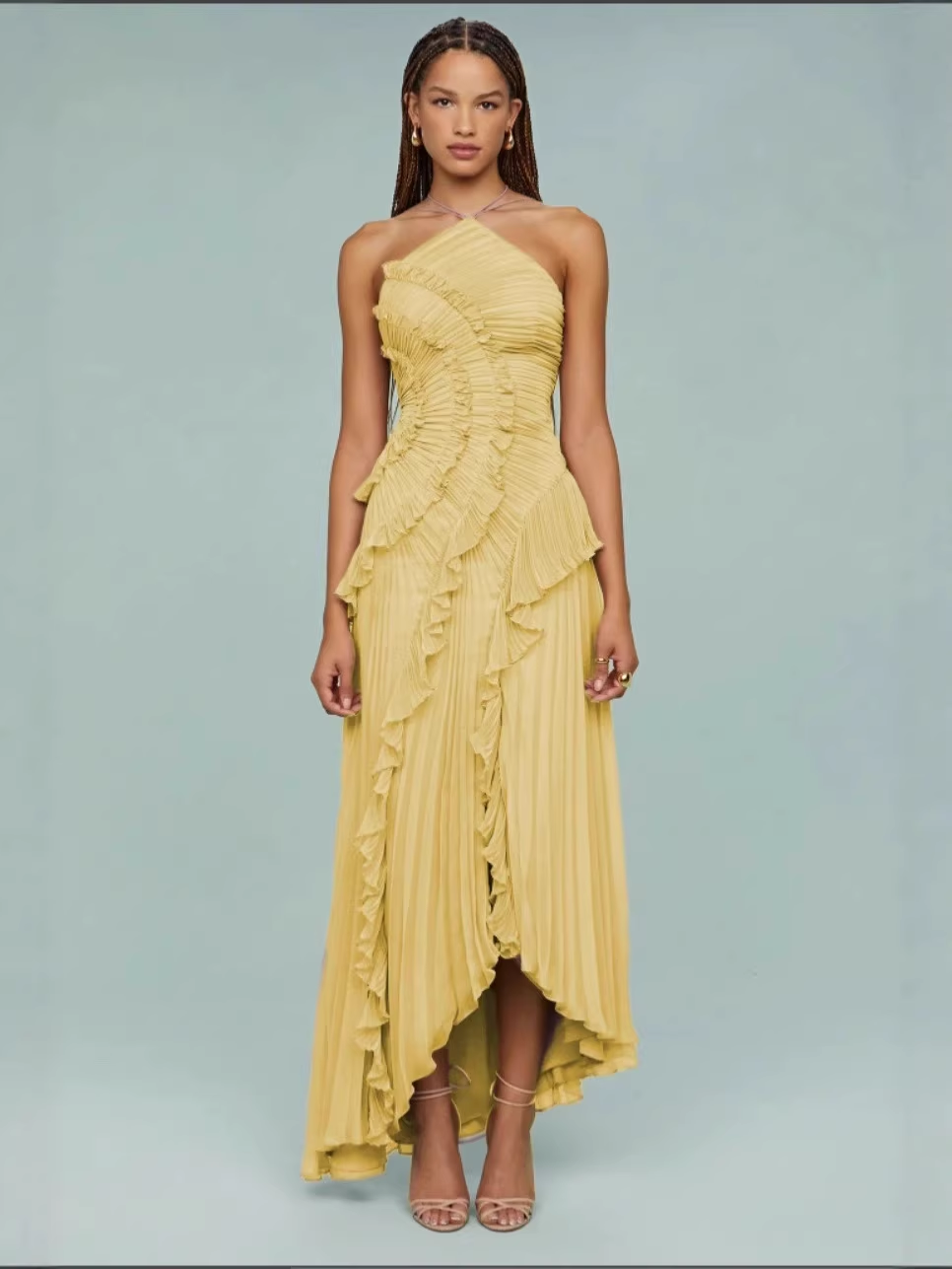 Elegant Halter-Neck Pleated Ruffled High-Low Evening Dress DP8152