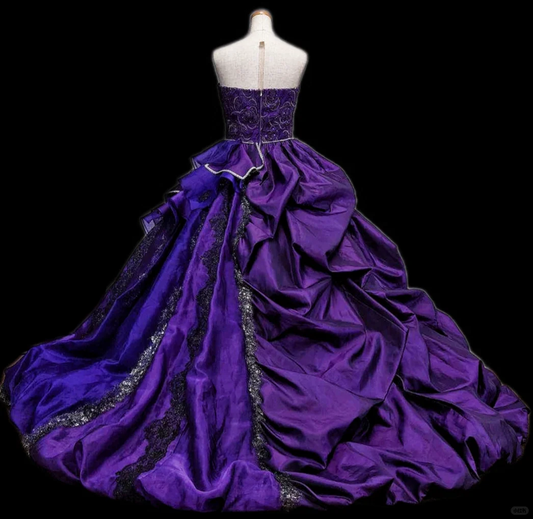 Vintage Royal Purple Strapless Oversized 3D Rose Sequin Lace Sweet 15 Quinceanera Ball Gown DP7552