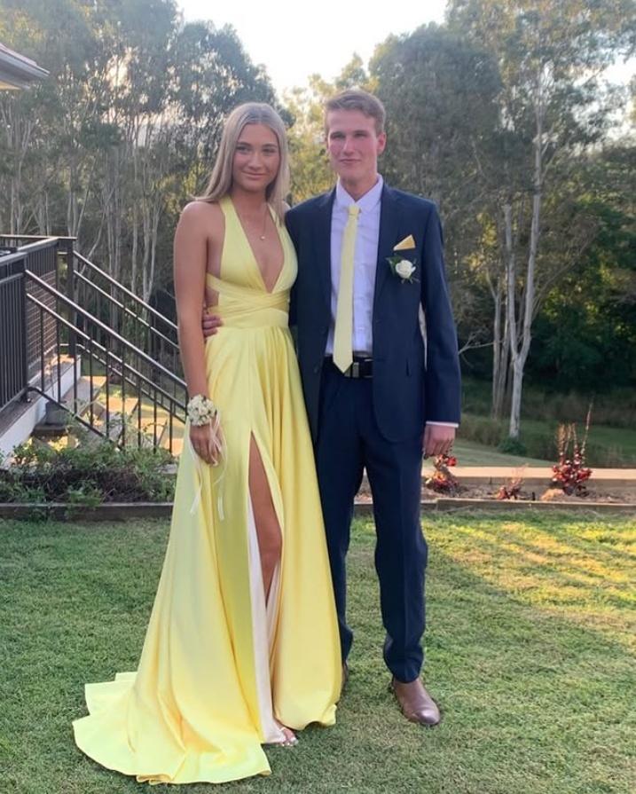 Yellow Deep V Neck A-Line Backless Formal Party Dress with Slit,DP1976