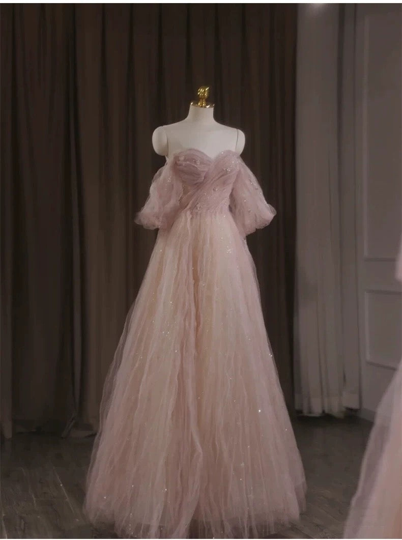 Rosa schulterfreies A-Linien-Tüll-Ballkleid, langes Abendkleid, DP3965