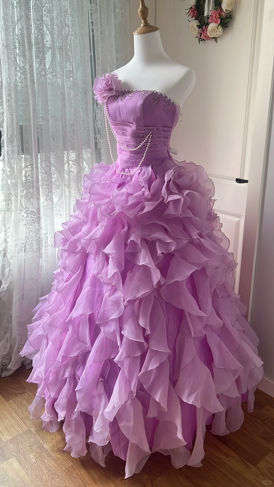 Vintage Lilac Organza 3D Flower Ruffled Tiered Sweet 16 Quinceanera Ball Gown DP7361