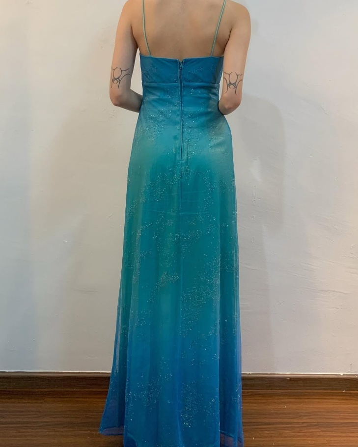 Charming Blue Halter Satin Tulle Long Evening Party Dress, DP3012