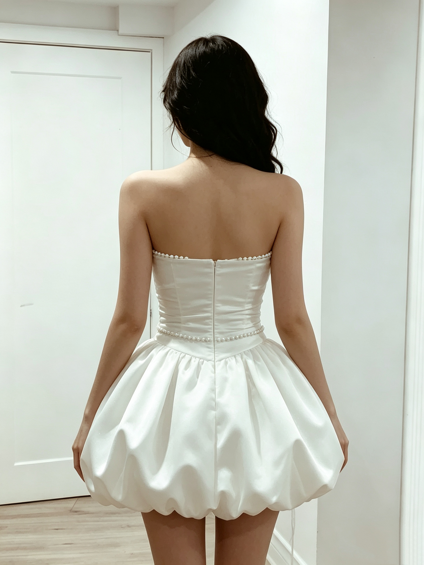 Vintage White Satin Pearl Trim Strapless Bubble Ruched A-Line Homecoming Dress DP8683