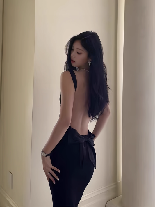 Robe de soirée longue noire élégante avec nœud papillon et dos nu style sirène DP6405