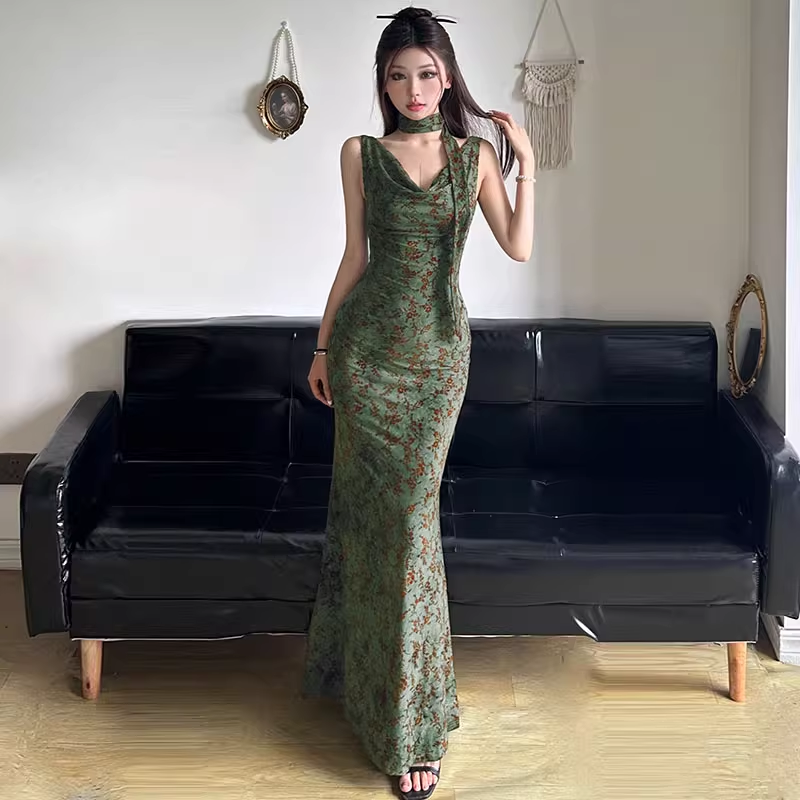 Vintage Green Floral V-neck Mermaid Summer Dresses Prom Dress Evening Dress DP6344
