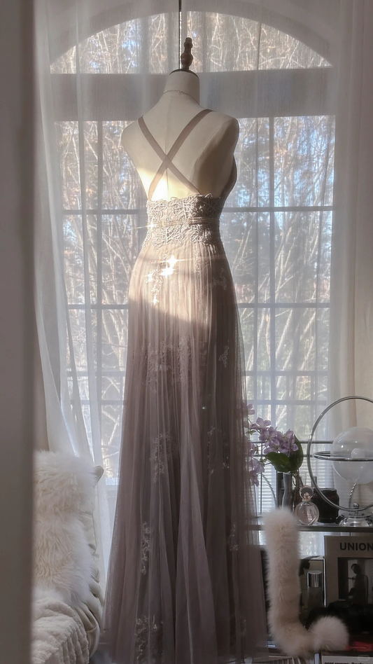 Vintage Light Purple Applique Design Romantic Chiffon Evening Dress Prom Dress DP6020