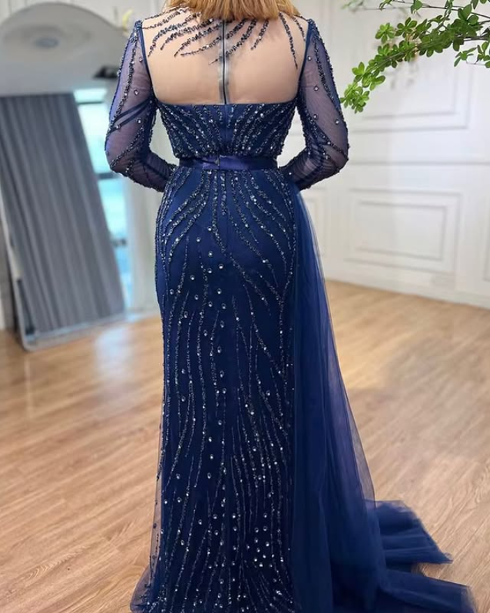 Stylish High Neck Navy Mermaid Evening Dress with Detachable Tulle Train Crystals Beads Long Prom Dress,F04833
