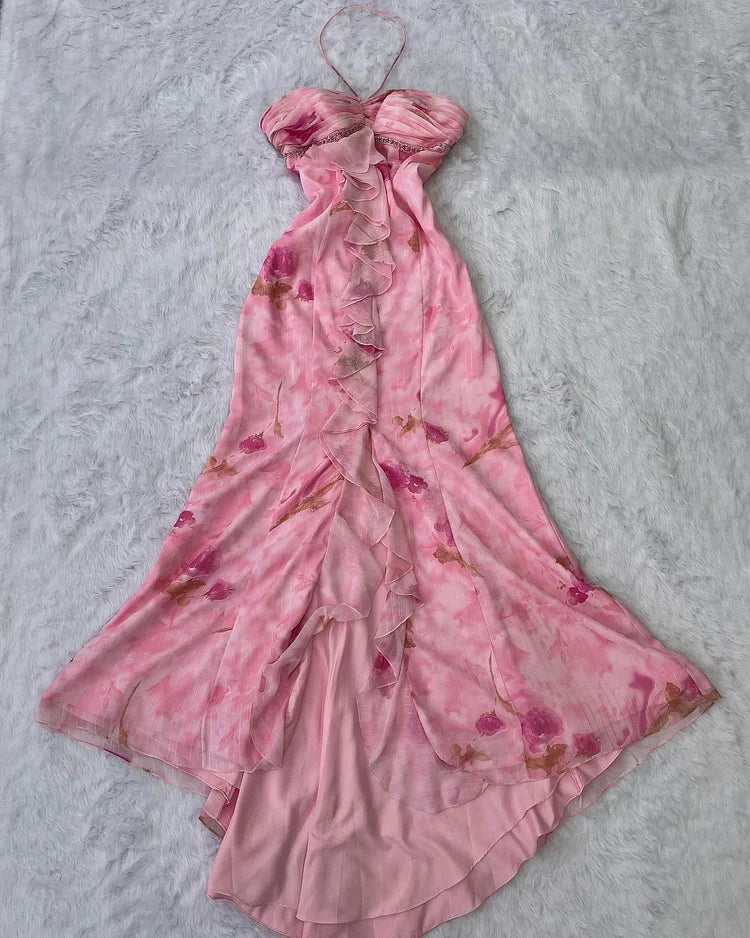 Vintage Pink Floral Prom Dress Sheath Ruffled Evening Dress Halter-neck Formal Dress DP6673