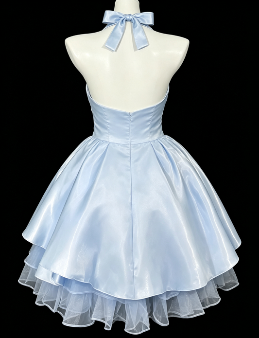 Elegant Light Blue Halter Sweetheart Big Bow Layered Tulle A-Line Homecoming Dress DP8721