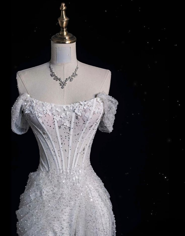 White Off Shoulder Sequins Mermaid Long Prom Dress Wedding Dress, DP3655