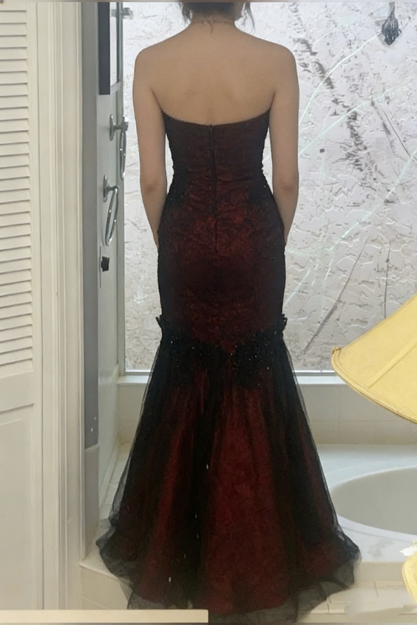 Glamorous Burgundy Strapless Sweetheart Mermaid Evening Gown Beaded Tulle Prom Dress DP4074