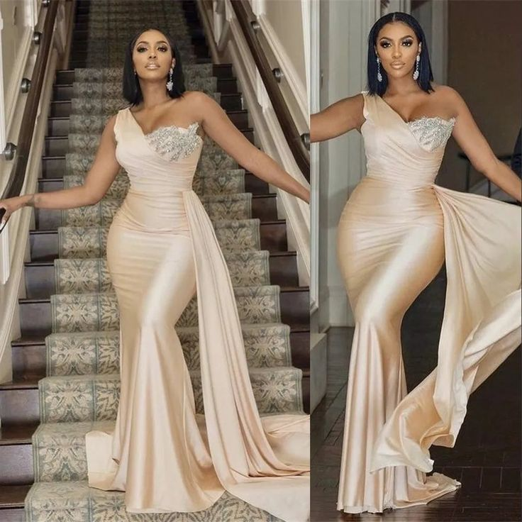Modest Champagne One Shoulder Sleeveless Mermaid Satin Bridesmaid Dresses,DS4640