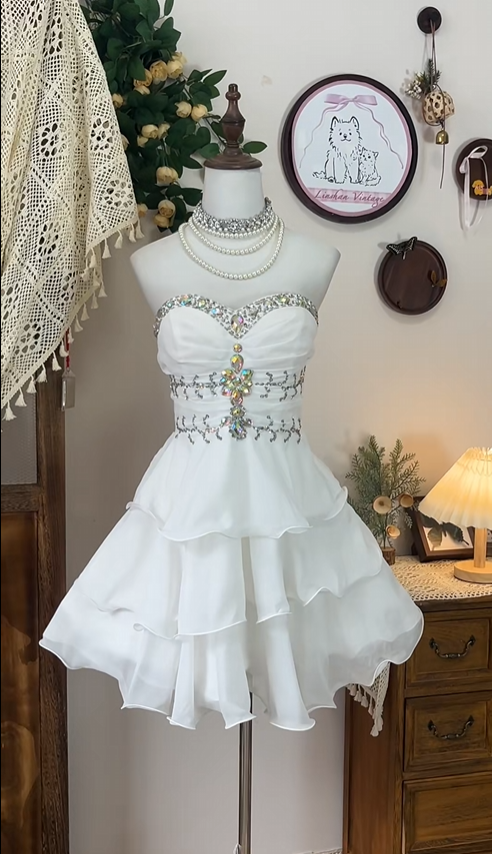 Vintage Sweetheart Beaded Design A-line Elegant Chiffon Strapless Homecoming Dress Party Dress DP6183
