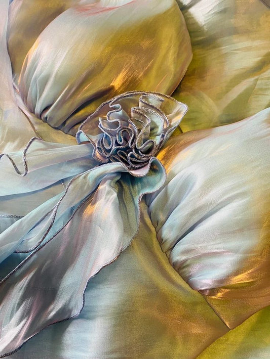 Vintage Iridescent Blue Halter Neck Satin Maxi Evening Gown Mermaid 3D Floral Ruffle Prom Dress DP7963