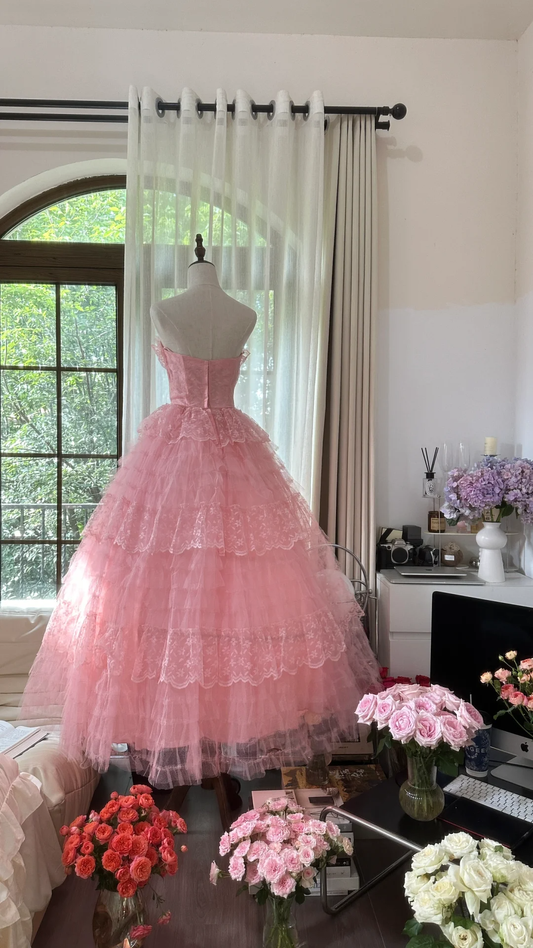 Vintage Pink Strapless Sweetheart Design Romantic Chiffon Tiered Evening Dress Prom Dress, DP5990