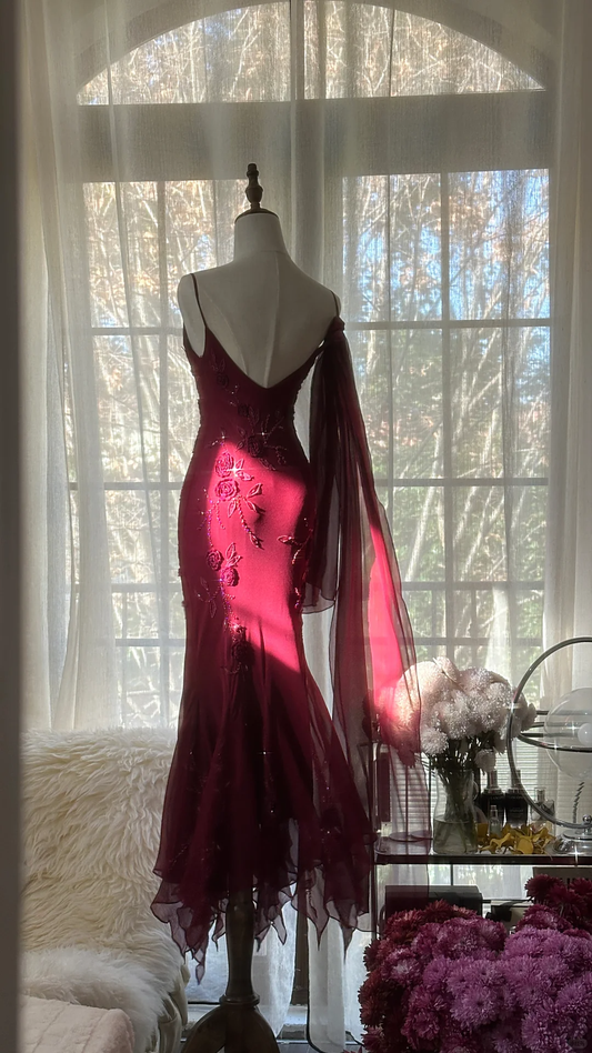 Elegant Burgundy Spaghetti Strap Gorgeous Beaded Sparkling Chiffon Evening Dress Prom Dress, DP5979