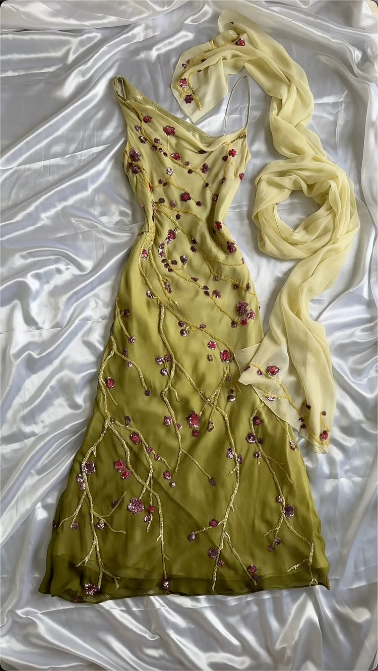 Robe de bal vintage en mousseline de soie brodée, fourreau à bretelles spaghetti, robe de soirée longue et formelle DP6668