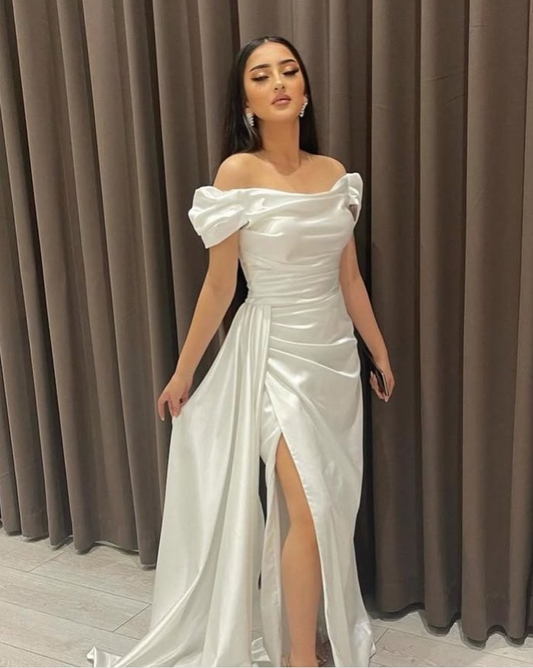 Elegant White Off Shoulder Sheath Satin Long Party Dress Light Wedding Dress, DP4809