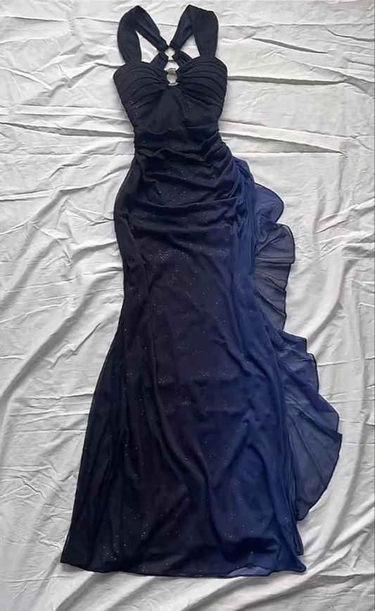 Robe de soirée longue en mousseline de soie à bretelles vintage et volants, DP3814