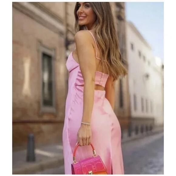 Pink Spaghetti Straps Satin Long Party Dress Wedding Guest Dress, DP3385