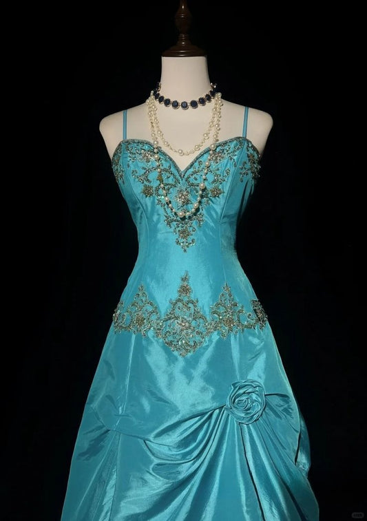 Vintage Turquoise Spaghetti Strap Beaded Embroidery Sweetheart Layered Taffeta Evening Gown DP7135