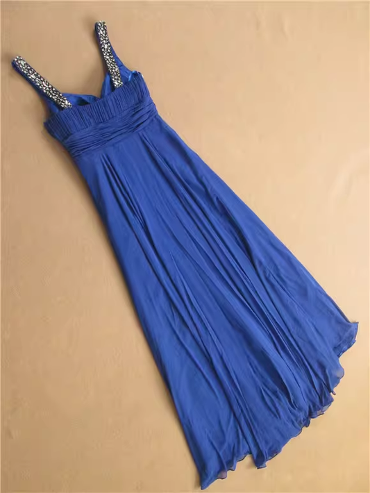 Elegantes königsblaues Abendkleid mit Spaghettiträgern, perlenbesetzt, gerafft, Chiffon, Midi-Länge, DP7609